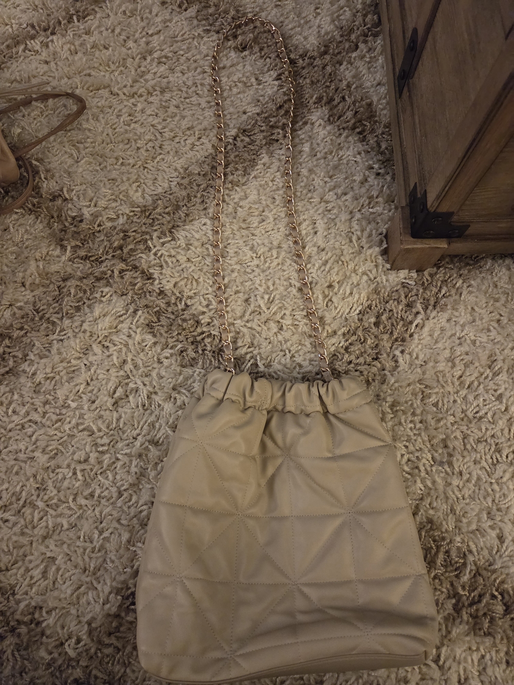 a new day Beige Quilted Drawstring Crossbody with Gold Chain